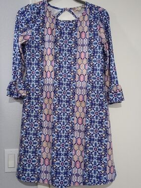 Pink Rose Blue and Pink Printed Midi Dress with Keyhole